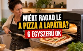 Háziasszony pizzát húz ki a pizzasütőből, de a pizza ráragadt a lapátra.