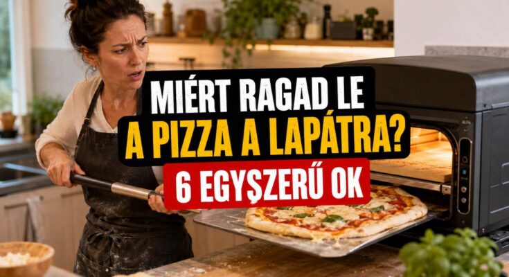 Háziasszony pizzát húz ki a pizzasütőből, de a pizza ráragadt a lapátra.