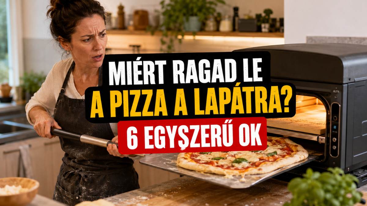Háziasszony pizzát húz ki a pizzasütőből, de a pizza ráragadt a lapátra.